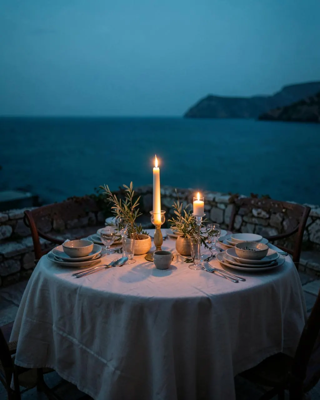 A candlelit table for two set with linen and handmade ceramics on a stone terrace above the Mediterranean at dusk
