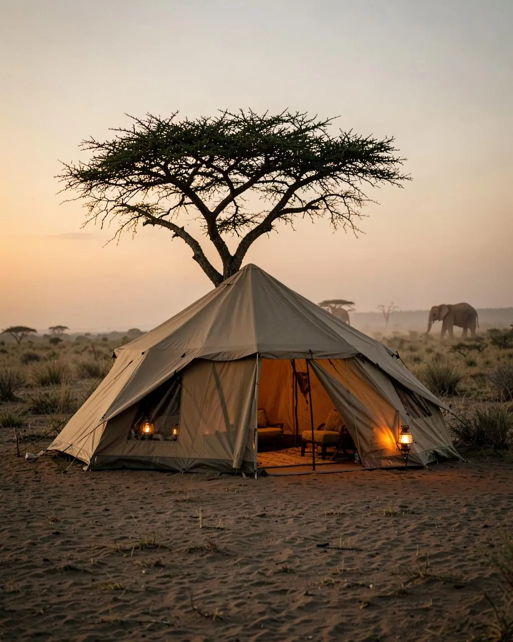 A lantern-lit canvas tent beneath an acacia tree at dusk, elephants on the distant horizon