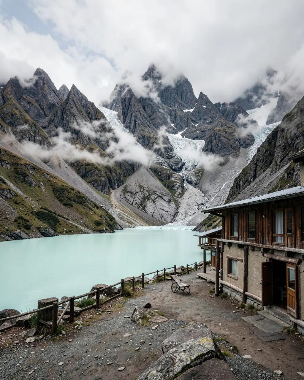 A timber lodge beside a milky turquoise glacial lake beneath cloud-wrapped granite peaks
