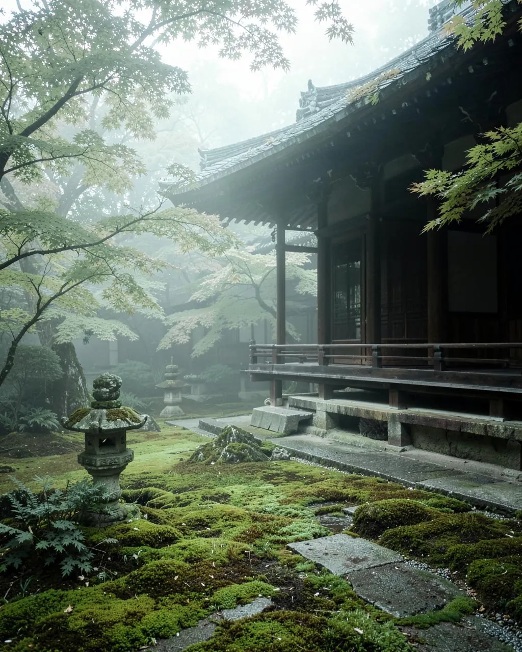 A moss garden and stone lantern beside a wooden temple veranda softened by mist