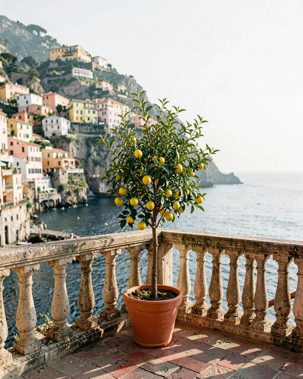 A potted lemon tree on a stone terrace above a pastel Italian coastal village and calm sea