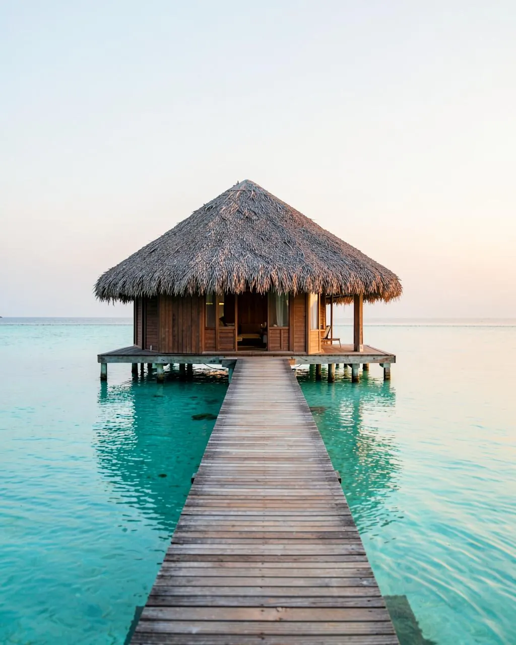 A thatched overwater villa at the end of a wooden walkway across a glassy turquoise lagoon