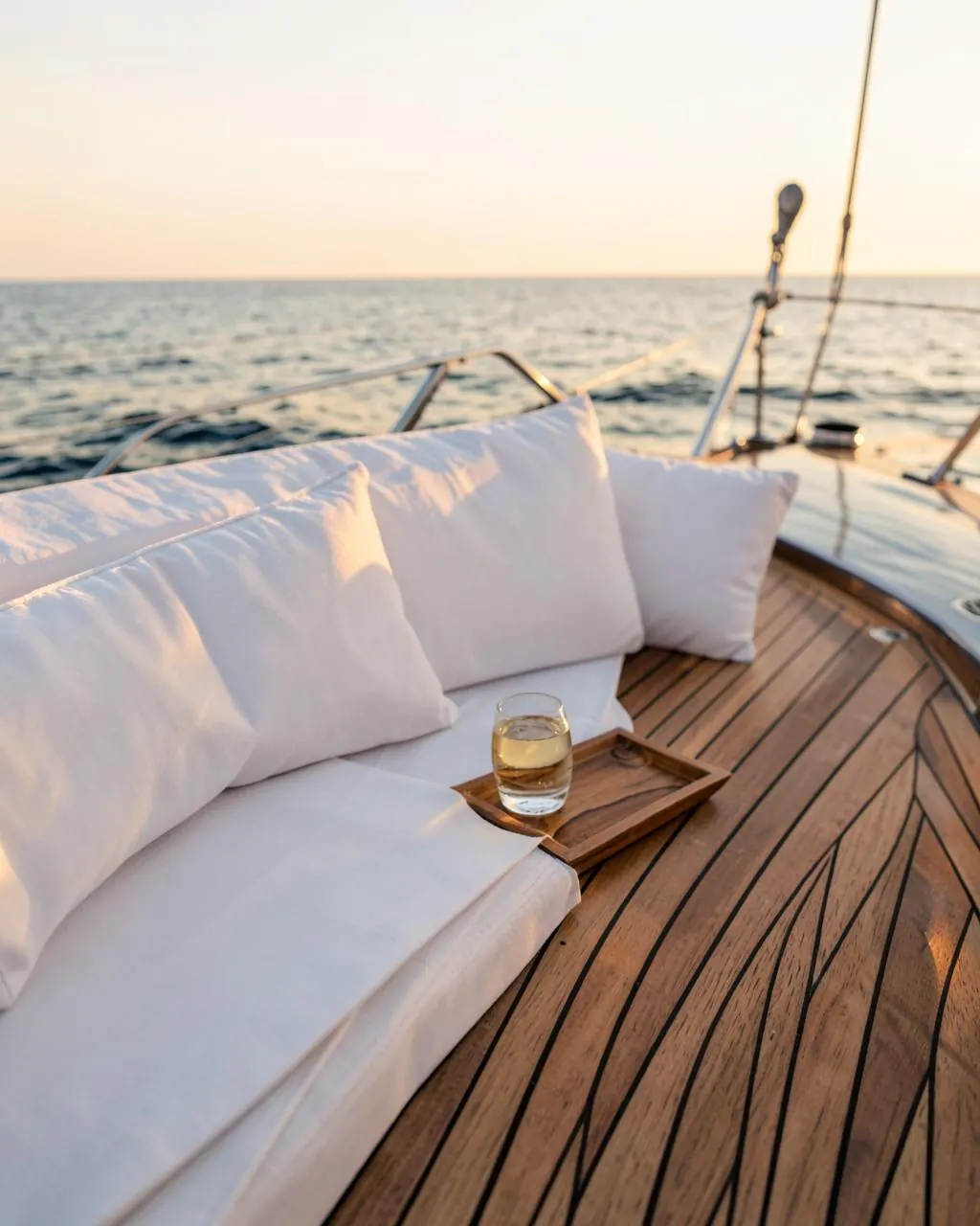 White linen cushions and a glass of wine on the teak deck of a sailing yacht at golden hour