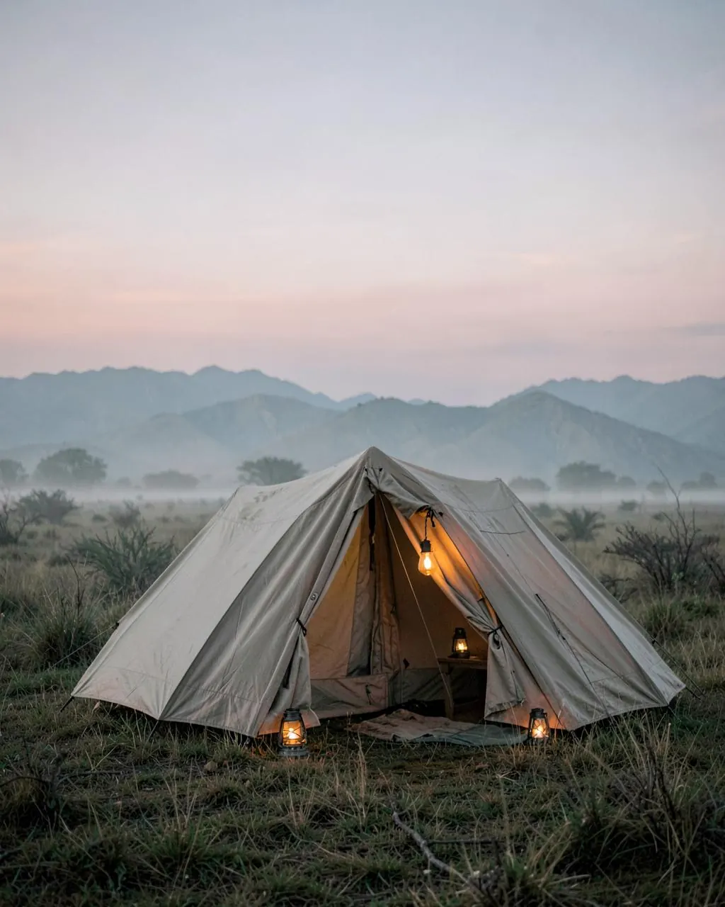 A canvas tent glowing with lanterns at dawn in a misty grassland beneath distant mountains